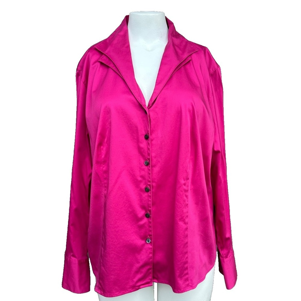 Talbots Fuchsia Pink Blouse 20W Button Up Layered Collar Cotton Stretch Academia